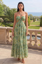 Halter Cut Out Dusty Green A Line Pleated Wedding Guest Dress
