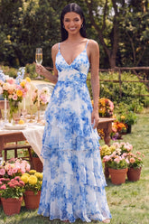 White Blue Floral V Neck Ruffled Maxi Wedding Guest Dress