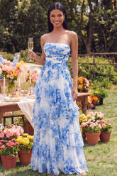 White Blue Floral Strapless Ruffled A Line Maxi Wedding Guest Dress