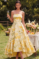 Yellow Strapless A Line Ruffled High Low Wedding Guest Dress