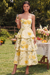Strapless Yellow A Line Printed Tiered Wedding Guest Dress