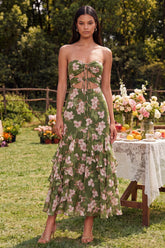 Strapless Cut Out Dark Green Floral Mermaid Wedding Guest Dress