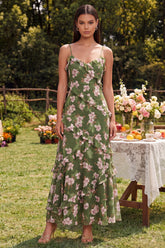 Dark Green Printed Ruffled Sheath Wedding Guest Dress