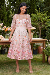 Floral Pink Round Neck A Line Midi Wedding Guest Dress
