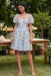 Floral Blue Square Neck A Line Mini Wedding Guest Dress