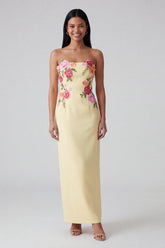 Strapless Light Yellow Printed Sheath Wedding Guest Dress