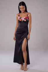 Black Floral Appliqued Mermaid Wedding Guest Dress with Slit