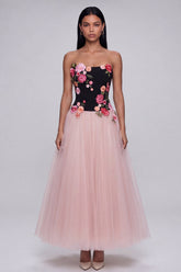Black and Pink Floral Strapless A Line Tulle Wedding Guest Dress