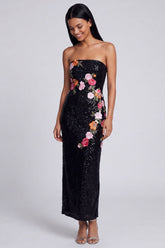 Sparkly Strapless Black Floral Bodycon Maxi Wedding Guest Dress