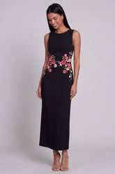 Black Floral Round Neck Maxi Wedding Guest Dress