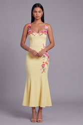 Floral Light Yellow Appliqued Mermaid Wedding Guest Dress