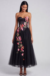 Strapless Floral Corset Pleated A Line Black Wedding Guest Dress