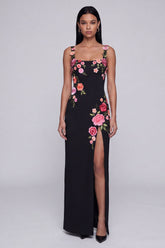 Floral Black Sheath Maxi Wedding Guest Dress with Slit