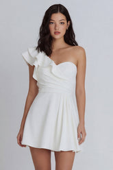 One Shoulder Ruffled Ruched Mini White Dress