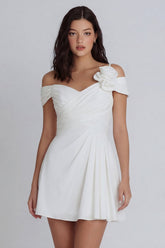 3D Flower Asymmetrical Neck A Line Ruched Mini White Dress