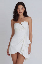 Strapless Ruffled Ruched Mini White Dress