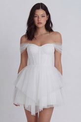 Off the Shoulder Corset A Line Tulle Mini White Dress
