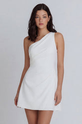 One Shoulder Ruched A Line Mini White Dress