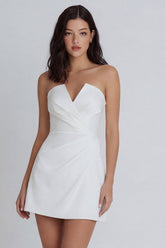 Strapless Ruched A Line Mini White Dress