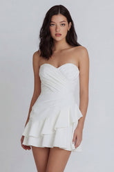 Ruffled A Line Strapless Mini White Dress