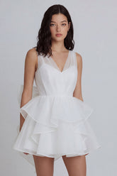 A Line Ruffled V Neck Mini White Dress with Bow