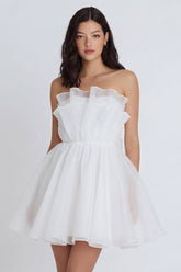 A Line Strapless Backless Mini White Dress with Bow