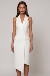 Halter Peaked Lapel White Bodycon Midi Work Dress