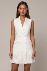 Shawl Lapel A Line Pleated White Mini Work Dress