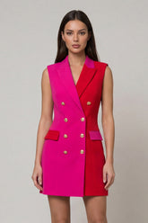 Peaked Lapel ColorBlock Fuchsia and Red Bodycon Mini Work Dress