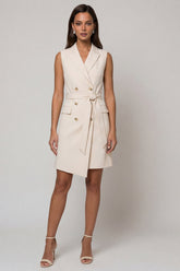 Peaked Lapel Bodycon Ivory Mini Work Dress with Sash