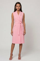 Shawl Lapel Bodycon Pink Midi Work Dress with Sash