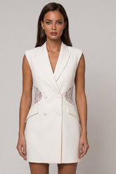 White Peaked Lapel Lace Bodycon Mini Work Dress