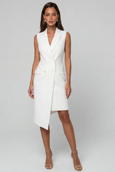 Notched Lapel White Bodycon Sleeveless Midi Work Dress
