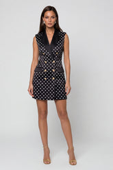 Black Peaked Lapel Polka Dot Sleeveless Bodycon Mini Work Dress