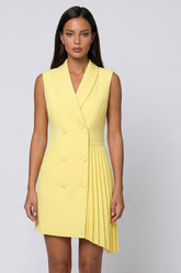 Shawl Lapel Yellow A Line Pleated Mini Work Dress