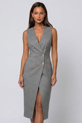 Grey Sleeveless Bodycon Midi Work Dress with Slit