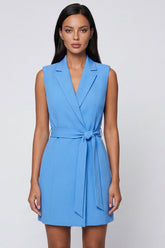 Blue Notched Lapel Bodycon Mini Work Dress with Sash