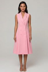 Pink Shawl Lapel A Line Double Breasted Midi Work Dress