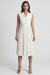 Ivory Notched Lapel A Line Pleated Midi Work Dress