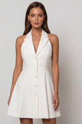Halter White Peaked Lapel A Line Single Breasted Work Dress