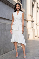 White 2 Piece Notched Lapel Work Dress with Ruffles