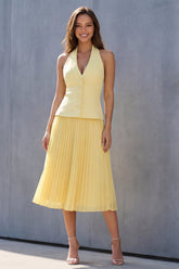Yellow Halter 2 Piece A Line Pleated Midi Work Dress