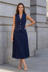 Shawl Lapel 2 Piece Pleated Navy A Line Midi Work Dress
