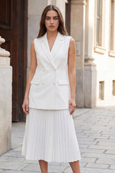2 Piece White Notched Lapel Pleated A Line Sleeveless Midi Work Dress