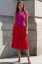 Colorblock 2 Piece Fuchsia and Red Pleated A Line Midi Work Dress