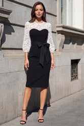 Black and White 3/4 Sleeve Lace Bodycon Formal Dress with Bow