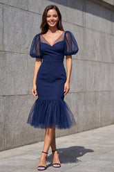 Navy Mermaid Short Sleeve V Neck Formal Dress
