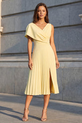 Pleated A Line Yellow Midi Work Dress with Slit