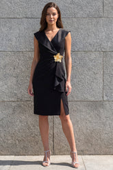 Black Appliqued Ruched Ruffled Bodycon Cocktail Dress