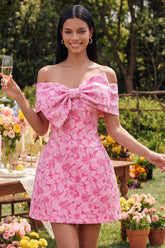 Floral Fuchsia Off the Shoulder A Line Mini Homecoming Dress with Bow